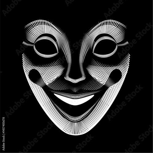 Smiling Joker face mask lit from below on black background. Vector illustration in black and white vintage engraving style. Vector illustration
