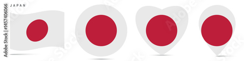 Japan waving flag, circle badge, heart shaped, map pin. Flat vector illustration isolated