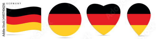 Germany waving flag, circle badge, heart shaped, map pin. Flat vector illustration isolated