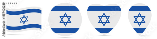 Israel waving flag, circle badge, heart shaped, map pin. Flat vector illustration isolated