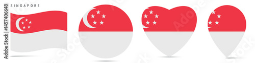 Singapore waving flag, circle badge, heart shaped, map pin. Flat vector illustration isolated
