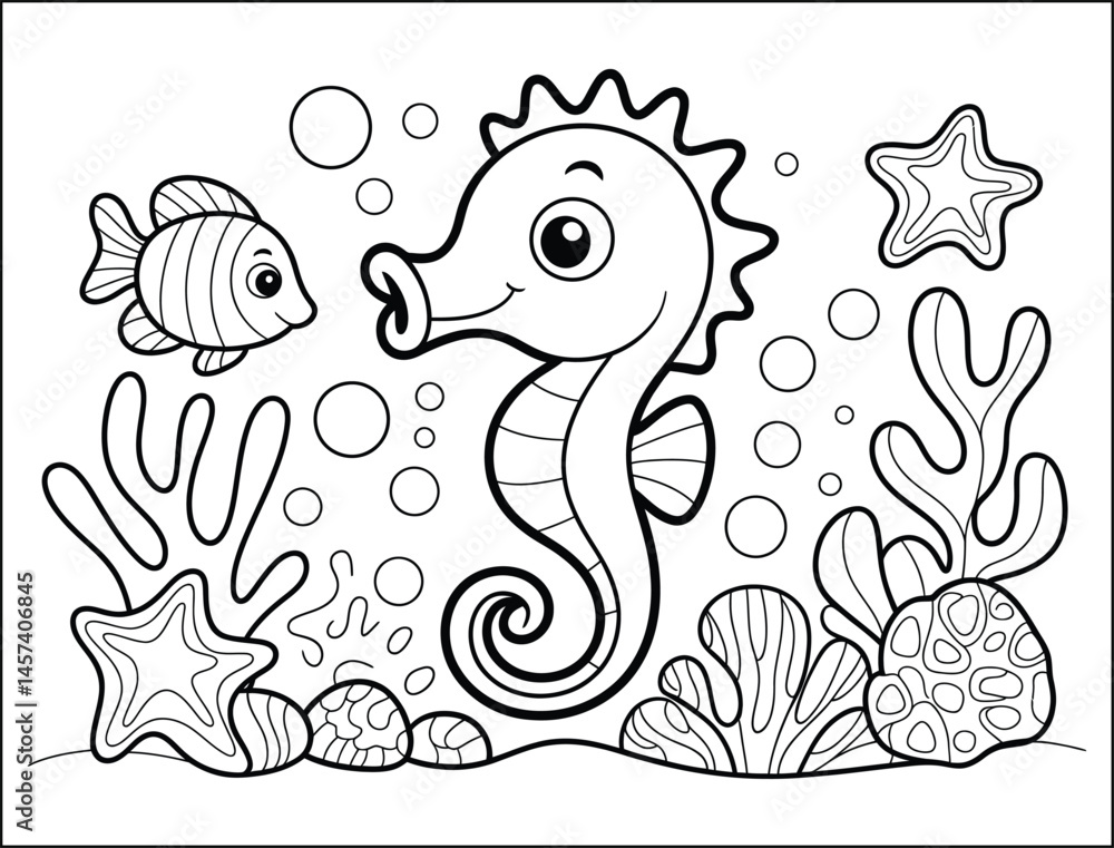 Obraz premium Adorable Seahorse and Fish Coloring Page Ocean Scene