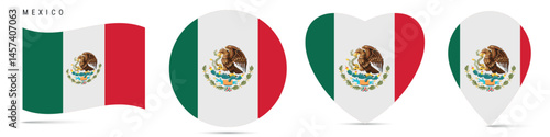 Mexico waving flag, round circle sticker badge, heart shaped icon, map pin. Mexican flag buttons of different shapes. Vector illustration isolated on white.