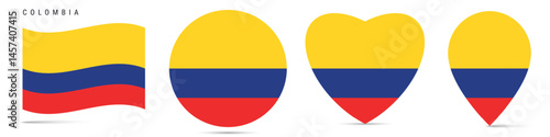 Free Download Colombia waving flag, round circle sticker badge, heart shaped icon, map pin. Colombian flag buttons of different shapes. Vector illustration isolated on white. - GFXLoad