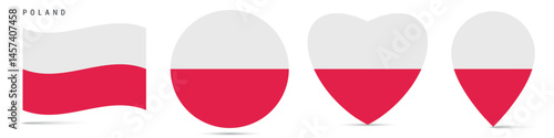 Free Download Poland waving flag, round circle sticker badge, heart shaped icon, map pin. Polish flag buttons of different shapes. Vector illustration isolated on white. - GFXLoad