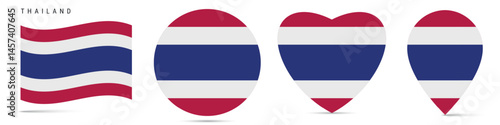 Thailand waving flag, circle badge, heart shaped, map pin. Flat vector illustration isolated