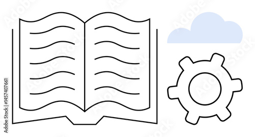 Open book with flowing text lines alongside a gear and cloud graphic. Ideal for learning, innovation, creativity, technology, research, development, education modern communication. Flat simple
