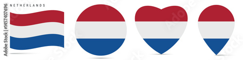 Netherlands waving flag, circle badge, heart shaped, map pin. Flat vector illustration isolated