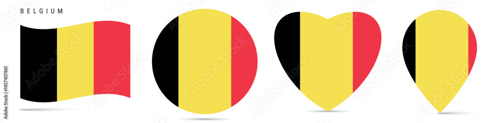 Fototapeta premium Belgium waving flag, circle badge, heart shaped, map pin. Flat vector illustration isolated