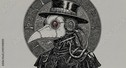 Plague Doctor Steampunk Illustration with Clockwork Detail, Medical History and Gothic Style