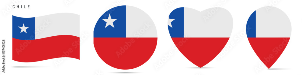 Chile waving flag, circle badge, heart shaped, map pin. Flat vector illustration isolated Chile waving flag, circle badge, heart shaped, map pin. Flat vector illustration isolated