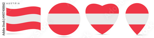 Austria waving flag, circle badge, heart shaped, map pin. Flat vector illustration isolated Free Download Austria waving flag, circle badge, heart shaped, map pin. Flat vector illustration isolated - GFXLoad