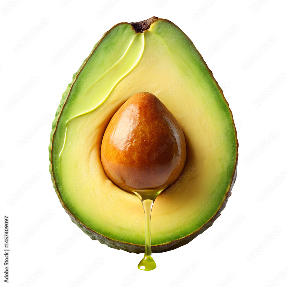 oil dripping from avocado slice isolated on transparent white background, clipping path