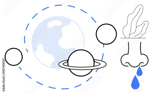 Stylized Earth, Saturn, nose with sneezing drops, and plants. Ideal for health, environment, allergy symptoms, climate science, awareness campaigns nature effects simple landing page