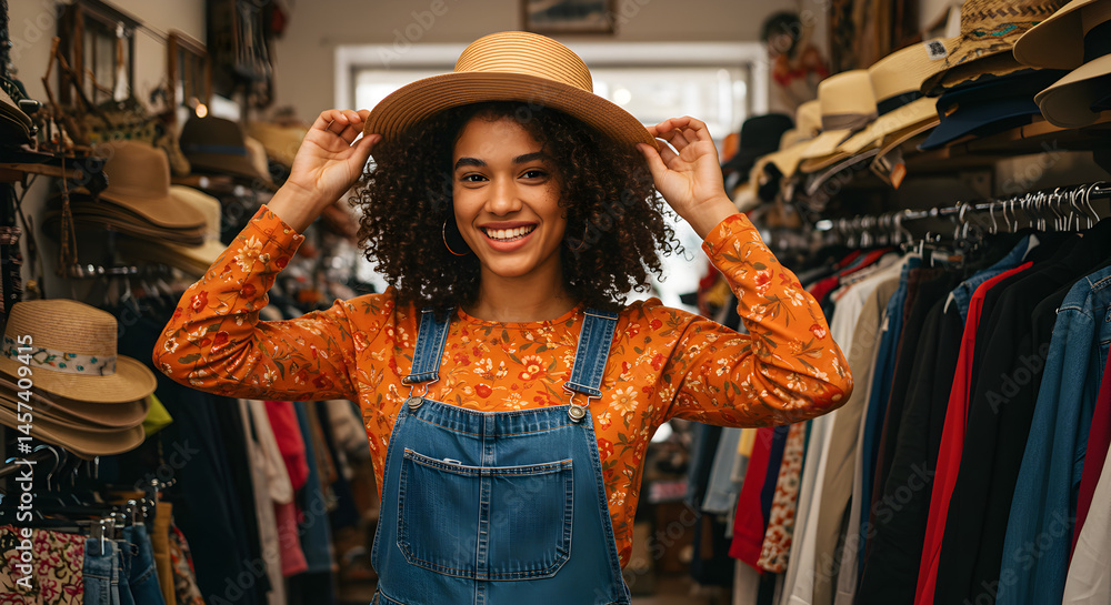 Smiling Young Woman Trying on a Tan Straw Hat in a Vintage Clothing Shop with Floral Orange Shirt and Denim Overalls Smiling Young Woman Trying on a Tan Straw Hat in a Vintage Clothing Shop with Floral Orange Shirt and Denim Overalls