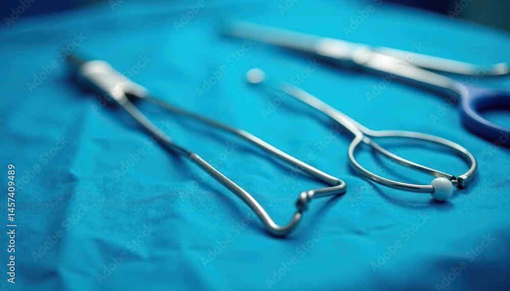 Blurred surgical instruments on sterile blue drape, sterile, operating theater Blurred surgical instruments on sterile blue drape, sterile, operating theater