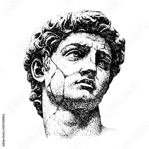 Broken antient statue head, collage element with vintage stipple photocopy effect, with retro grainy texture. Vector illustration for grunge psychedelic surreal poster or tattoo in 90s aesthetic.