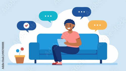 Digital Connections A person sitting on a couch smiling while looking at their phone with friend avatars popping up in speech bubbles illustrating online conversations enhancing