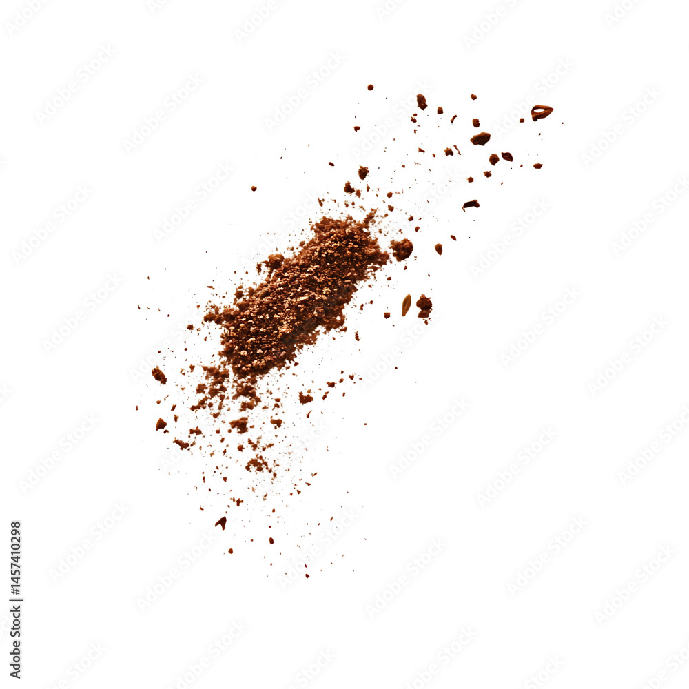 A small pile of brown chocolate crumbs scattered on a white surface. A small pile of brown chocolate crumbs scattered on a white surface.