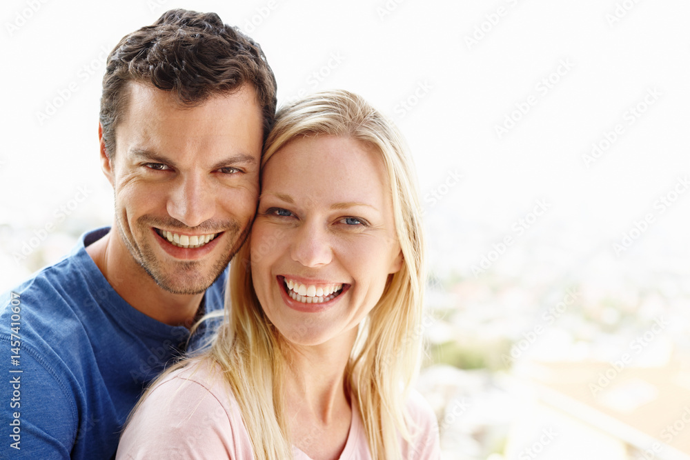 Couple, hug and portrait on balcony for smile in relationship, romance and weekend date in outdoor. People, embrace and together for affection in marriage, bonding and support or security on terrace Couple, hug and portrait on balcony for smile in relationship, romance and weekend date in outdoor. People, embrace and together for affection in marriage, bonding and support or security on terrace