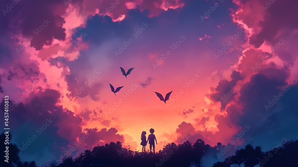 anime lovers floating together in pastel sky with winged kites anime lovers floating together in pastel sky with winged kites