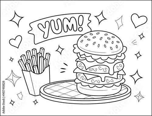 Delicious Burger and Fries Coloring Page Illustration