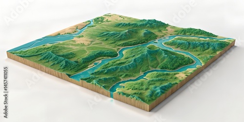 3D Layered Terrain Map Elevation, Rivers, and Landscape