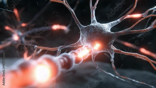 Close-up animation of neuron cells transmitting electrical impulses, scientific visualization of neural activity in the brain.