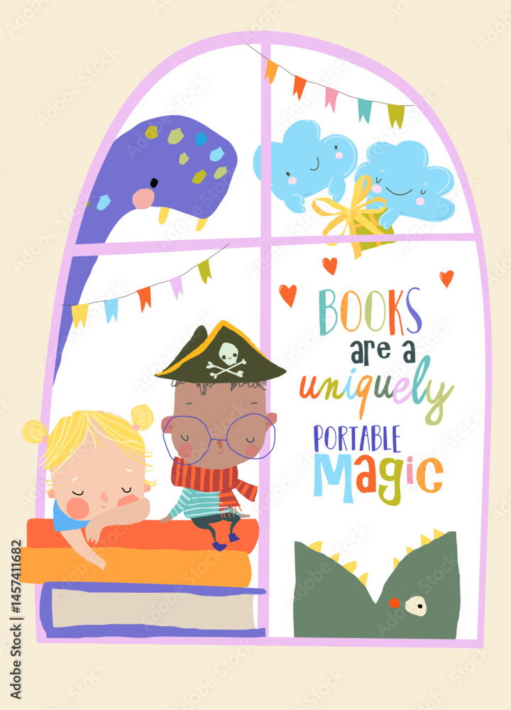 Cute Cartoon Children sitting on Stack of Books on the Window