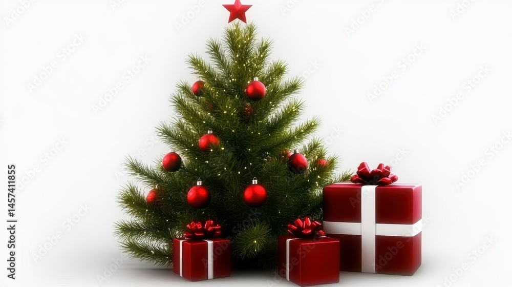 Festive Christmas tree adorned with ornaments and surrounded by beautifully wrapped gifts Festive Christmas tree adorned with ornaments and surrounded by beautifully wrapped gifts