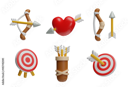 3d illustration of bow and arrow set, pierced heart, quiver and target.
