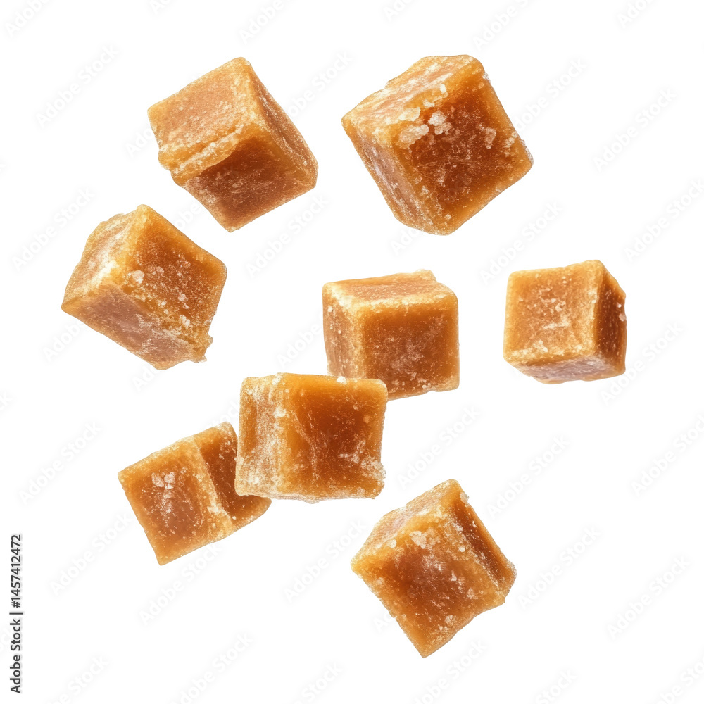 Cube Jaggery Pieces Flaying isolated on a transparent background Cube Jaggery Pieces Flaying isolated on a transparent background