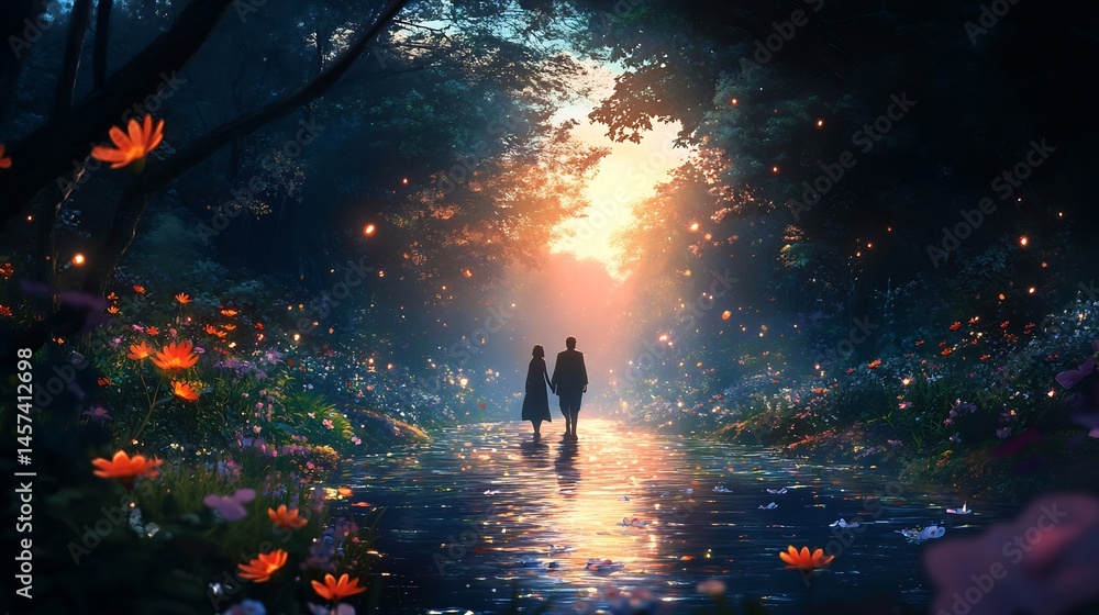 Fototapeta premium lovers walking barefoot through creek surrounded by wildflowers