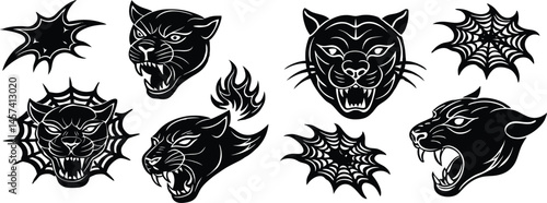 "Vector art sheet of tattoo designs — traditional panther heads, flames, spider webs, ink-ready"

