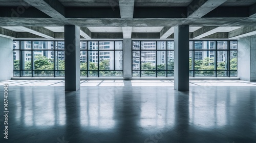Empty modern interior with concrete and large windows