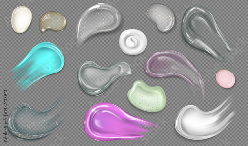 Vector set of drops and smears of cosmetic products of different shapes, colors and consistencies.