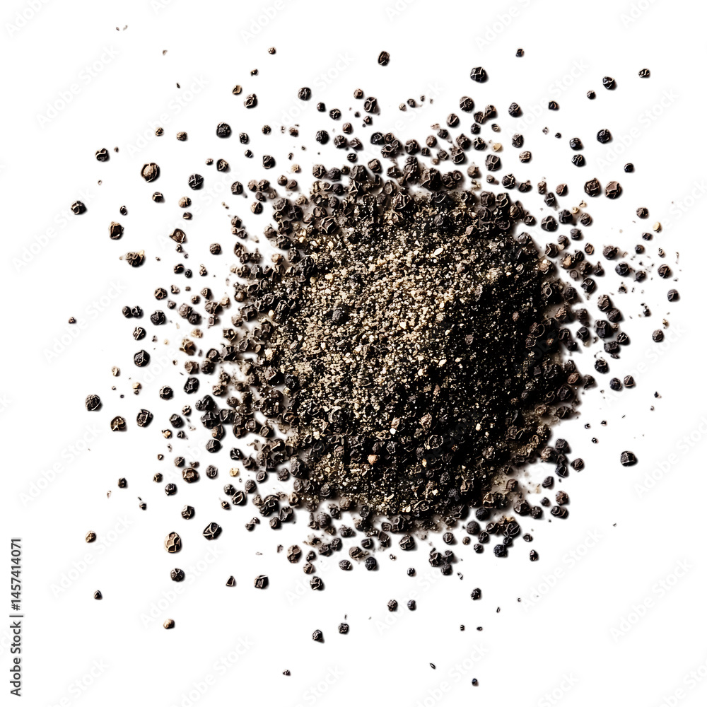 A pile of black pepper corns scattered on a white surface. A pile of black pepper corns scattered on a white surface.