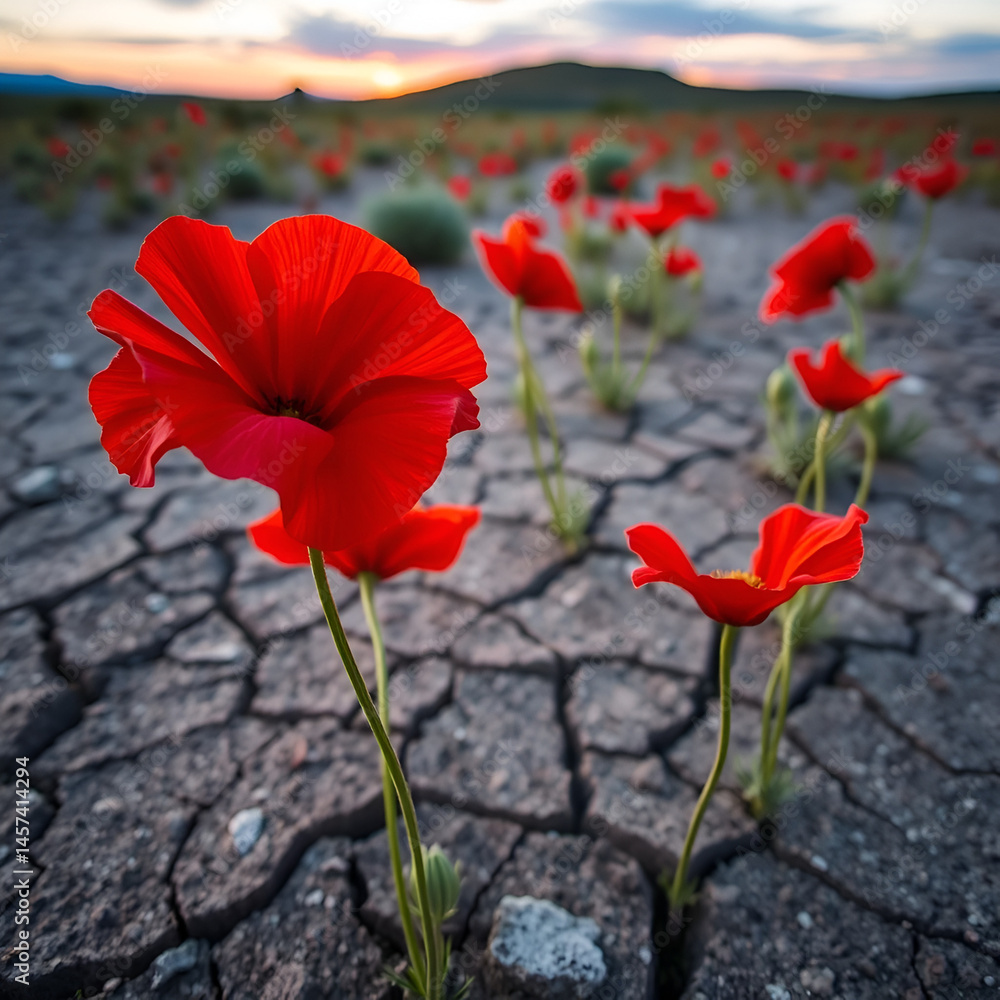 Obraz premium Waltz through the dusk-touched ruby hues of solid poppies on the cracky and dry terrain, their dance captured in macro shots.