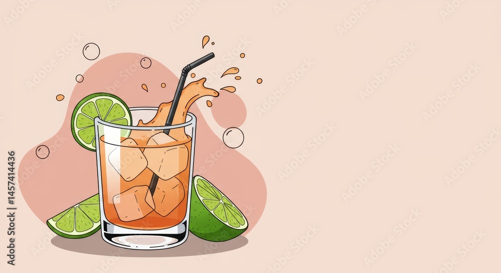 Refreshing cocktail with ice and lime on a soft background