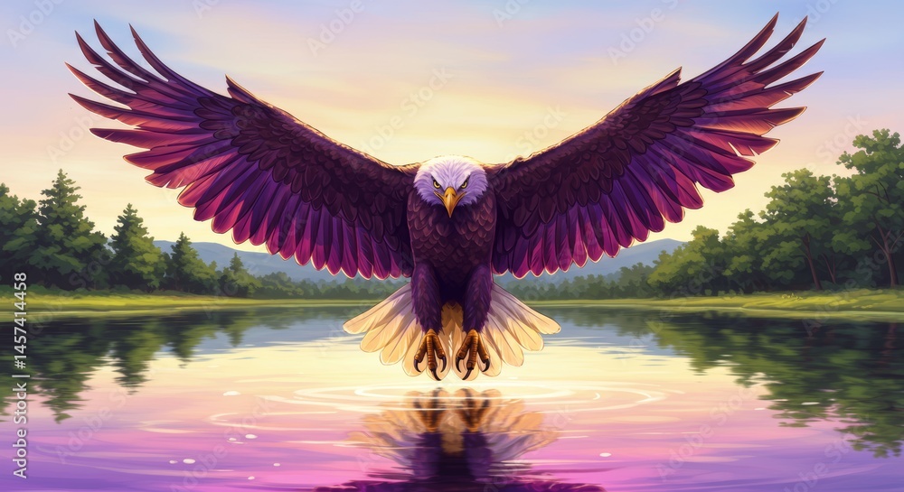 Majestic eagle soaring above a tranquil lake at sunset