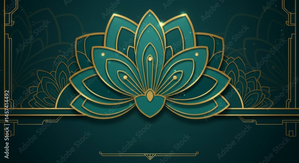 Elegant lotus flower design with golden outlines on a teal background