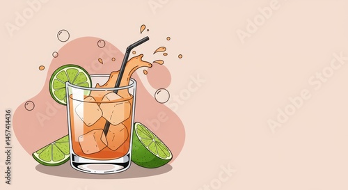 Refreshing cocktail with ice and lime on a soft background