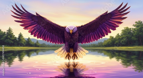 Obraz na płótnie Majestic eagle soaring above a tranquil lake at sunset w salonie