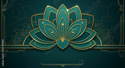 Obraz na płótnie Elegant lotus flower design with golden outlines on a teal background w salonie