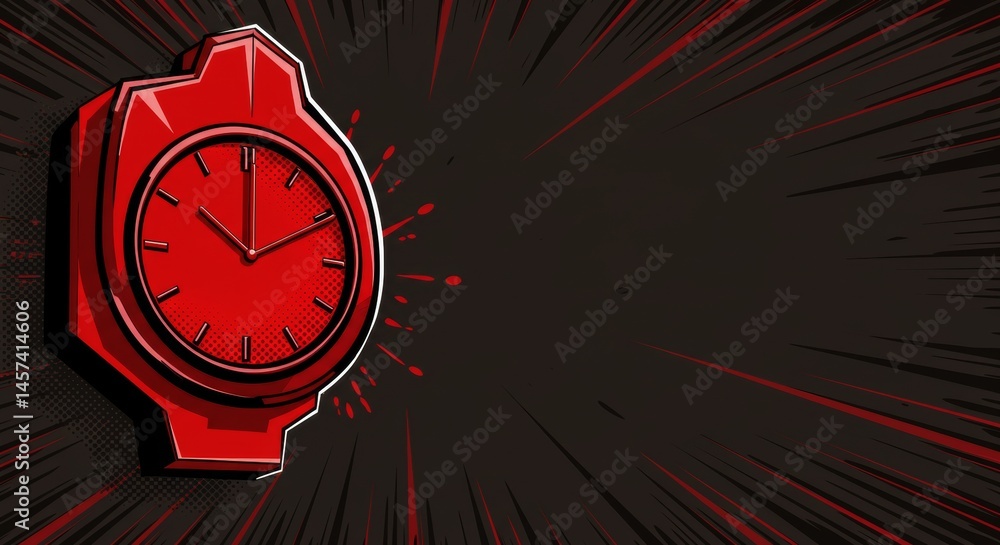 Bold red clock design with dynamic black background and burst effects