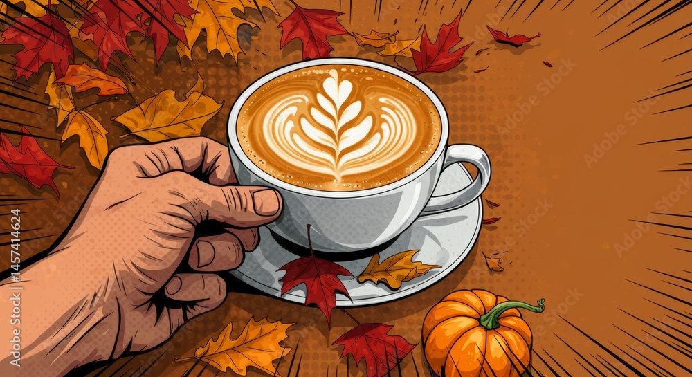 Hand holding a white coffee cup with latte art surrounded by autumn leaves