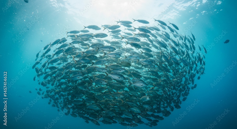 Underwater school of fish forming a circular pattern in clear blue water