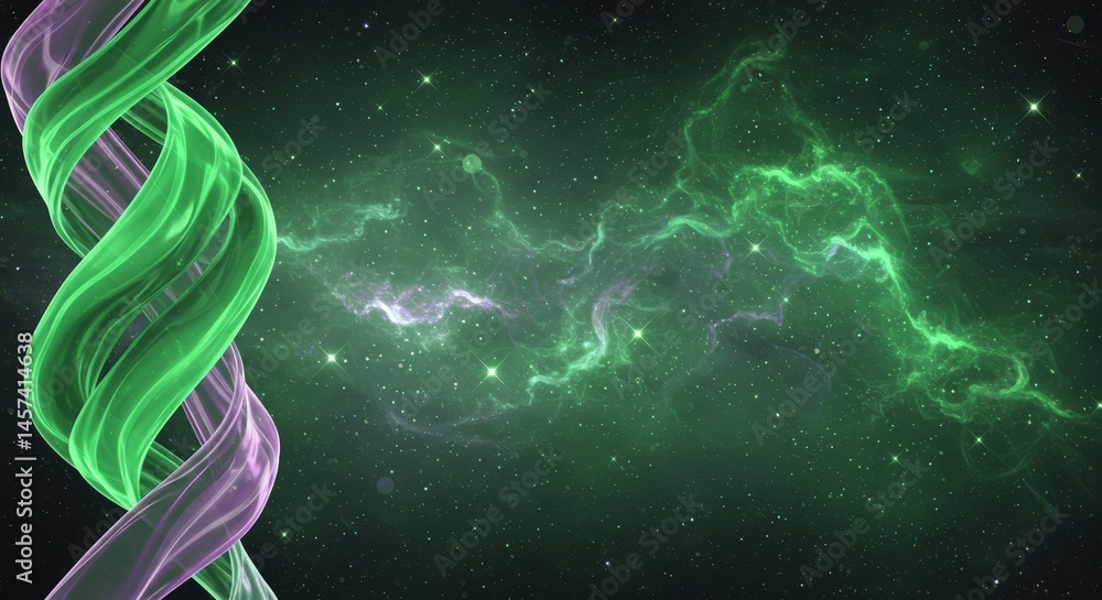 Abstract green and purple twisted shapes against a cosmic background