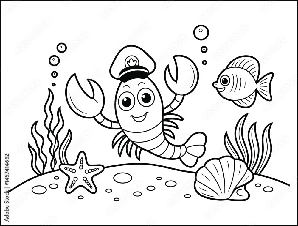 Fototapeta premium Adorable Cartoon Lobster Captain in Underwater Scene Coloring Page