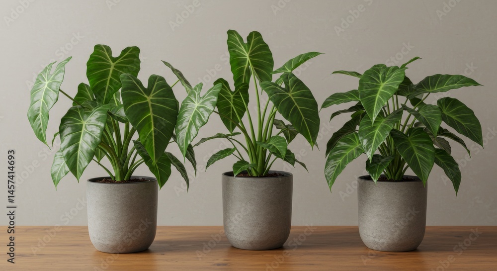 Three lush green potted plants with striking leaves on a wooden table